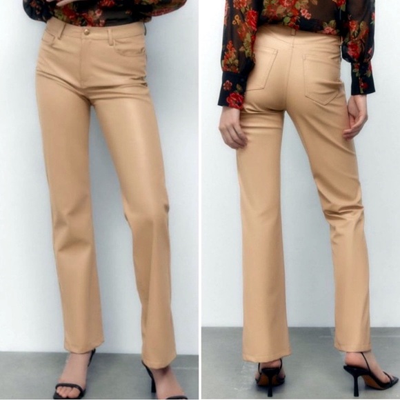 🍂 ZARA TAN FAUX LEATHER HIGH WAIST STRAIGHT LEG PANTS! - Picture 11 of 11